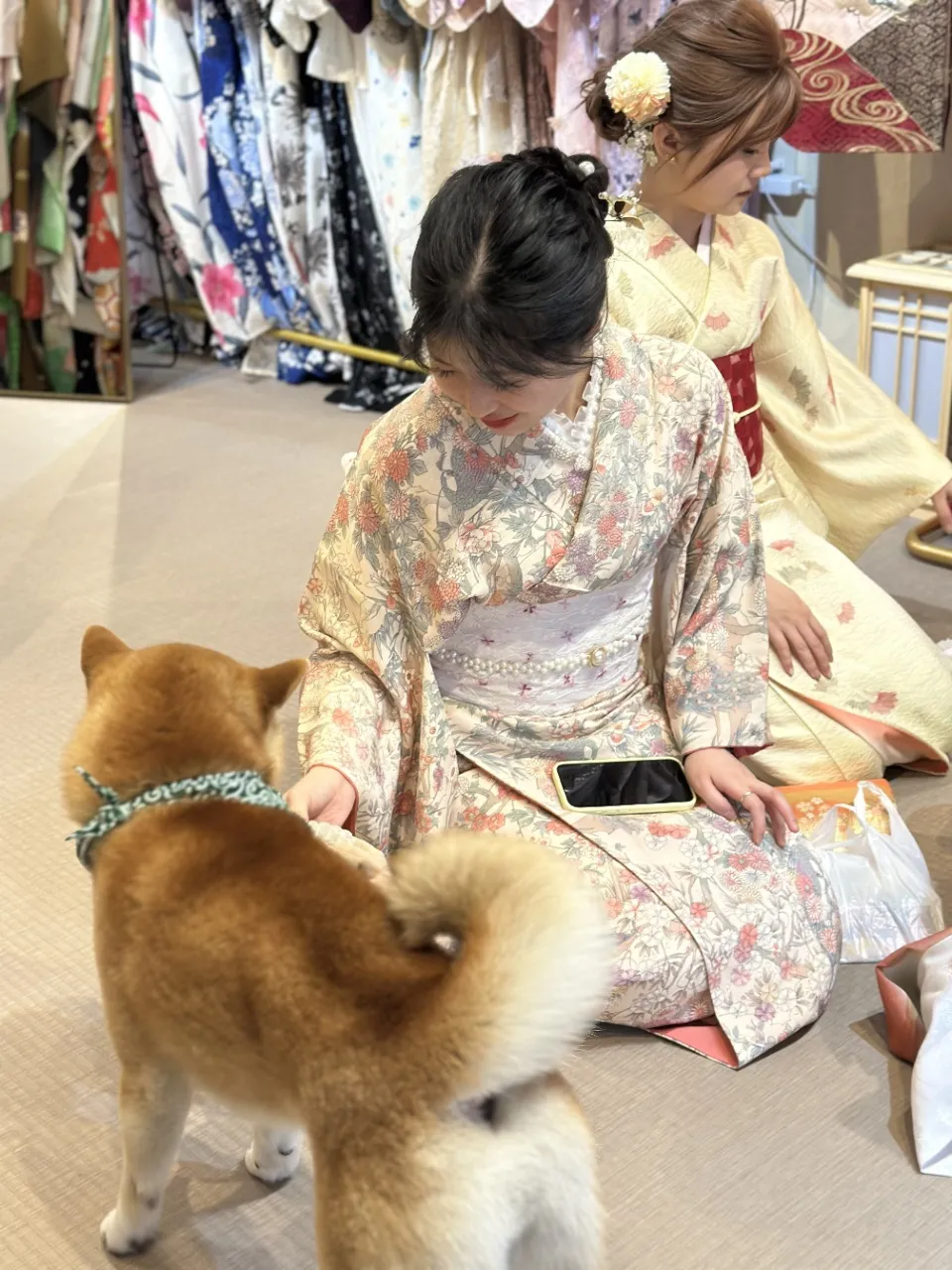 店内で柴犬と遊ぶお客さん